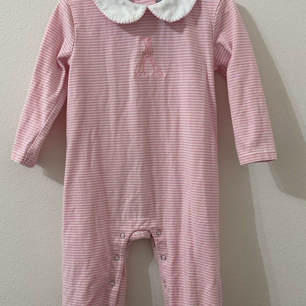 Pink Striped Footie One-Piece with White Peter Pan Collar “A” monogram